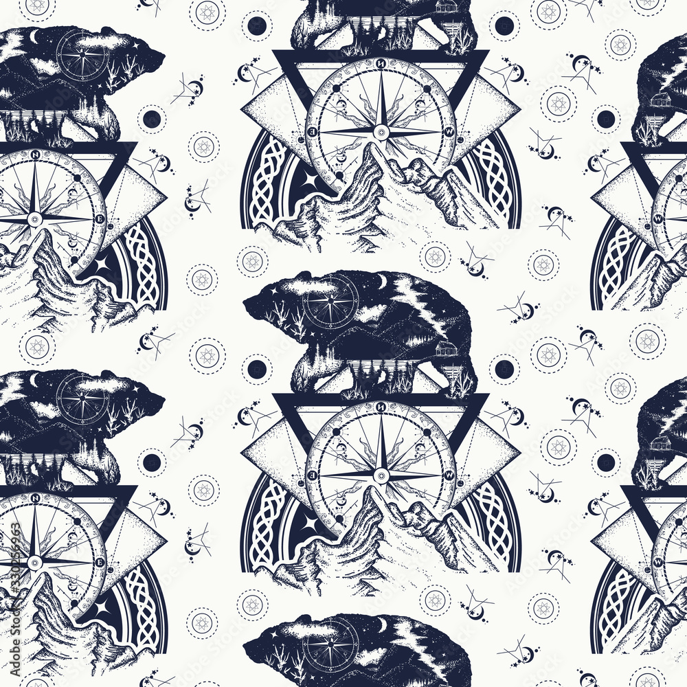 Bear double exposure, mountains, compass. Seamless pattern. Packing old ...
