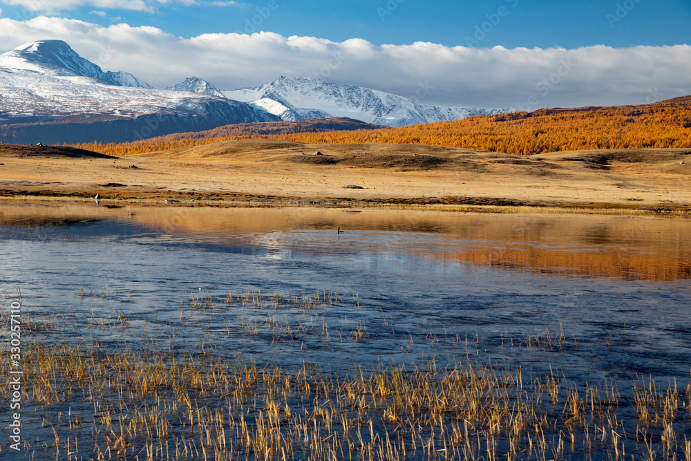 Mongolia mountains and lake in autumn