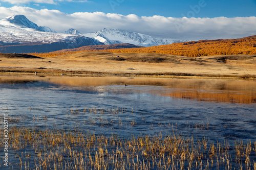 Mongolia mountains and lake in autumn