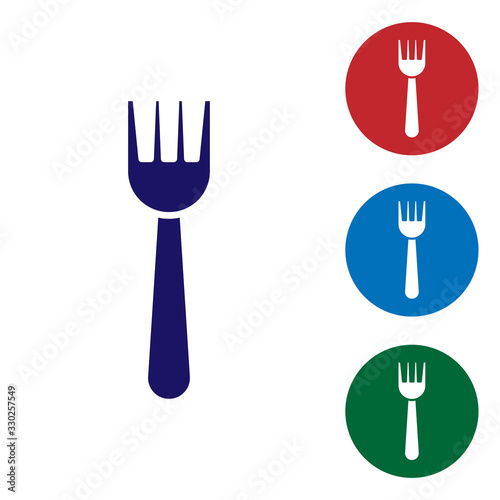 Blue Disposable plastic fork icon isolated on white background. Set color icons in circle buttons. Vector Illustration