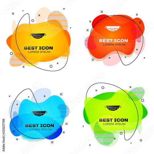Black Kitchen colander icon isolated on white background. Cooking utensil. Cutlery sign. Set abstract banner with liquid shapes. Vector Illustration