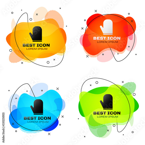 Black Oven glove icon isolated on white background. Kitchen potholder sign. Cooking glove. Set abstract banner with liquid shapes. Vector Illustration