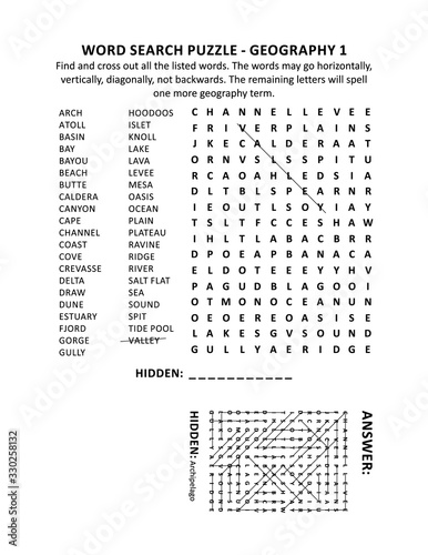 Geography terms (landforms) word search puzzle (suitable both for schoolchildren and adults). Answer included.