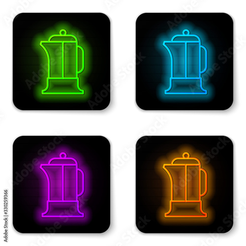 Glowing neon line French press icon isolated on white background. Black square button. Vector Illustration