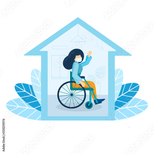 Stay home Quarantine for coronavirus. People with disabilities and at risk. A young girl in a medical mask sits at home. Vector Art flat art illustration. Warning, Prevention. Handicapped character.