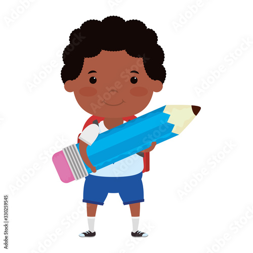 cute little afro student boy with pencil character
