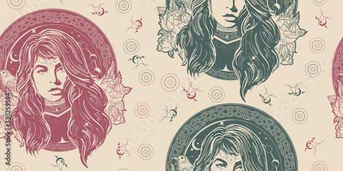 Woman oracle. Seamless pattern. Packing old paper, scrapbooking style. Vintage background. Medieval manuscript, engraving art. Mystical fortune teller of destiny. Symbol of the occult, esoteric