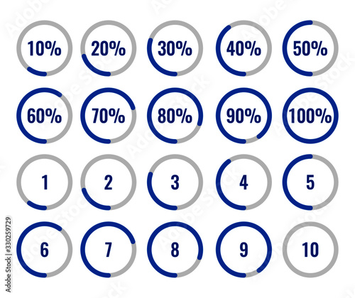 Set of circle percentage and countdown diagram fom 10-100 percent and 1-10. used for statistical infographic, loading, download and countdown meter preogress bar. flat style chart