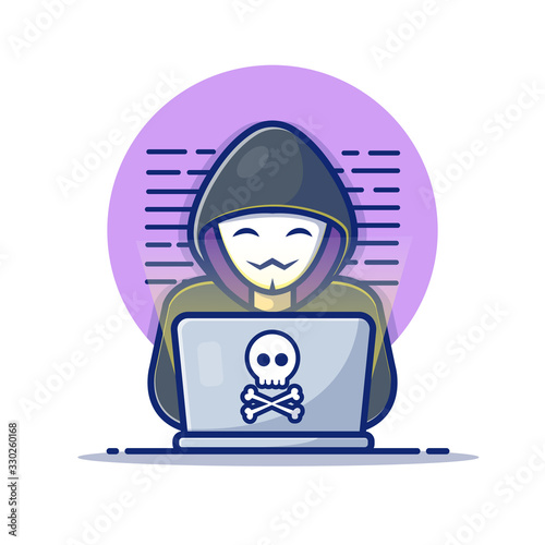 Hacker Operating A Laptop Vector Icon Illustration. Hacker And Laptop. Hacker And Technology Icon Concept White Isolated. Flat Cartoon Style Suitable for Web Landing Page, Banner, Sticker, Background