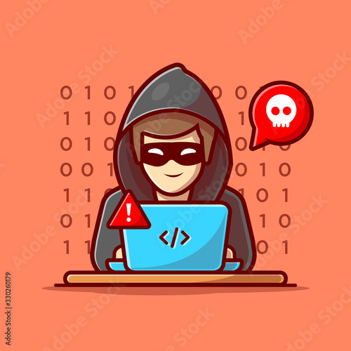Hacker Operating A Laptop Vector Icon Illustration. Hacker And Laptop. Hacker And Technology Icon Concept White Isolated. Flat Cartoon Style Suitable for Web Landing Page, Banner, Sticker, Background