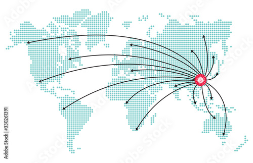 Map of the world and the spread of the virus. Flat vector illustration isolated on white background.