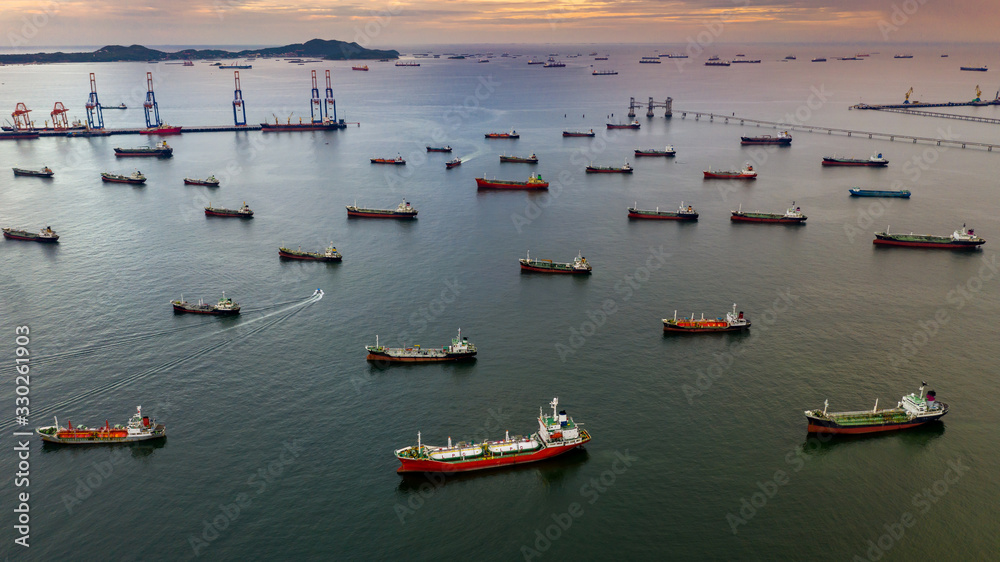 Aerial view oil and gas tanker cargo ship offshore at the port, Business commercial petroleum industry refinery fuel chemical and natural gas import export logistic and transportation by tanker vessel