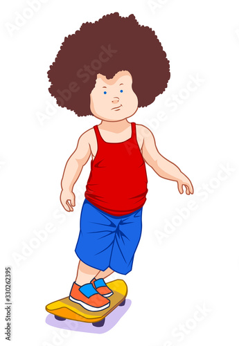 kid with Curly Hair skating vector illustration