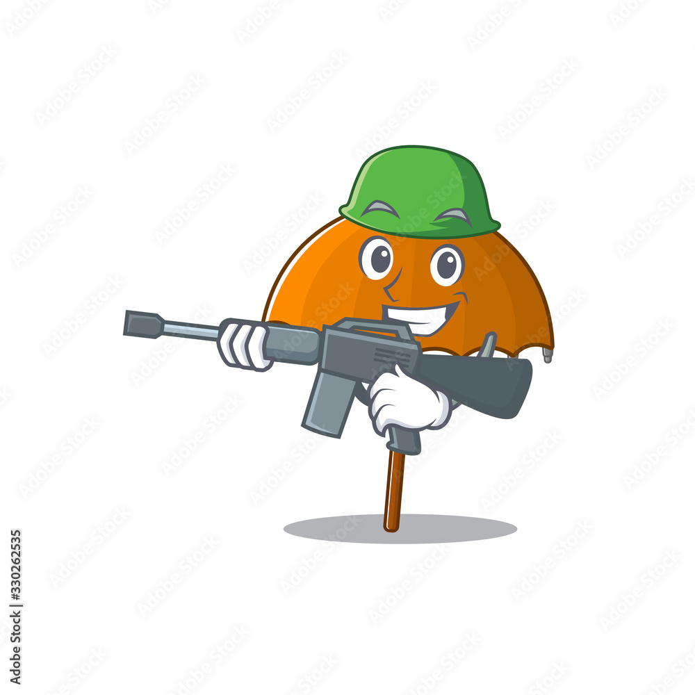 A picture of orange umbrella as an Army with machine gun