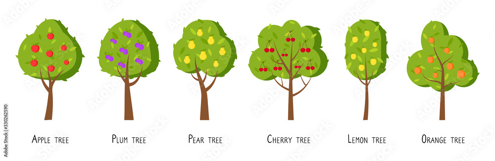 Green fruit tree flat cartoon set. Different trees with ripe fruits apple, plum, pear, cherry, lemon, orange. Simple colorful symbol organic orchard. Natural harvest icon. Isolated vector illustration
