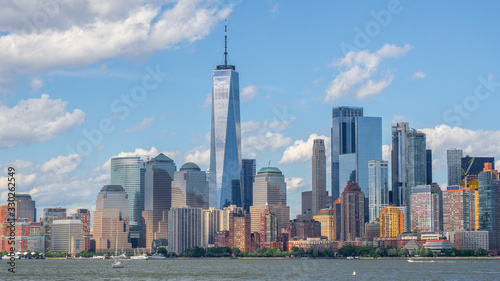 New York  NY  USA. Amazing skyline of Manhattan skyscrapers and buildings from Ellis Island. Landscape inclusive of the Freedom tower - One World Trade Center