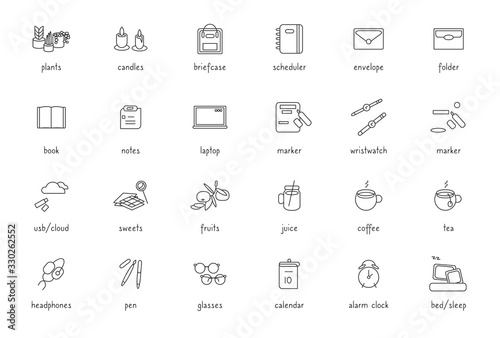 Modern black line icon set for bullet journal design, planner, scheduler. Linear study learning time, gadget stationary sign. Outline popular hobby simple symbol. Isolated on white vector illustration