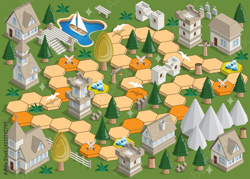 Board game on a medieval theme. Isometric. Vector illustration.