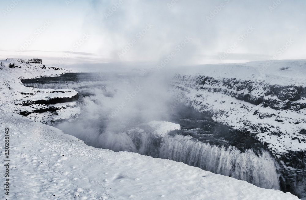 Gullfoss waterfall cold winter landscape in Iceland