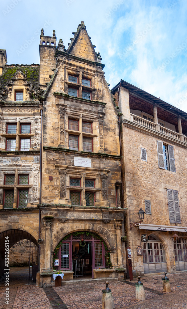 Sarlat in Aquitaine, France. Medieval village full of picturesque alleys and monuments. View of the birthplace of Étienne de La Boétie, French philosopher and writer of the sixteenth century.