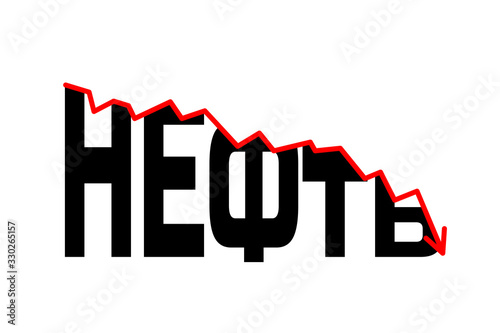 Oil crisis and 3d oil petroleum droplets used for fuel and energy sources. Russian Letters with red zigzag falling trend of barrel price decrease of earning and global economics. Cyrillic language rus