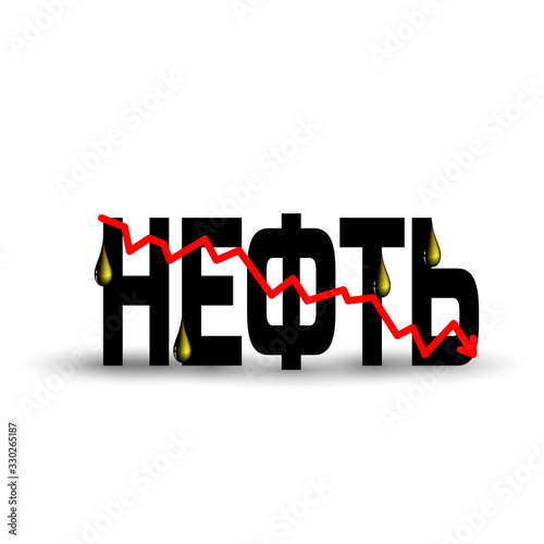 Oil crisis and 3d oil petroleum droplets used for fuel and energy sources. Russian Letters with red zigzag falling trend of barrel price decrease of earning and global economics. Cyrillic language rus