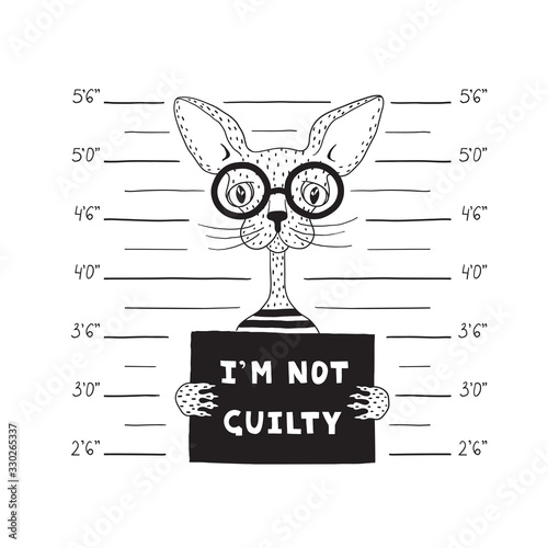 A thin cat with glasses near the wall with markings for the photos of criminals. The cat is holding a sign that says I am not guilty. Black and white vector illustration.