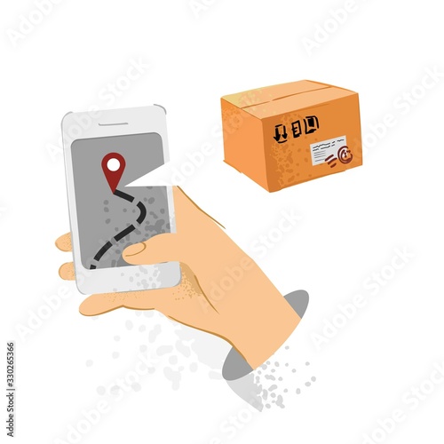 Hand holding a phone with the point locations on the screen hand drawn in a flat style on a white background. Color banner with a phone and a package for delivery services, post. Vector illustration