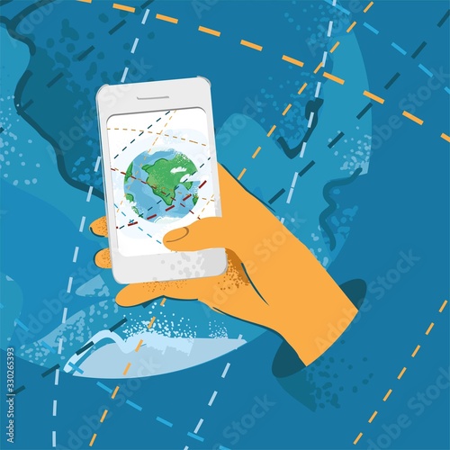 Hand with mobile on which planet earth with lines of track hand drawn in modern flat style. Banner concept for the delivery of goods and parcels around the world. Cartoon vector illustration