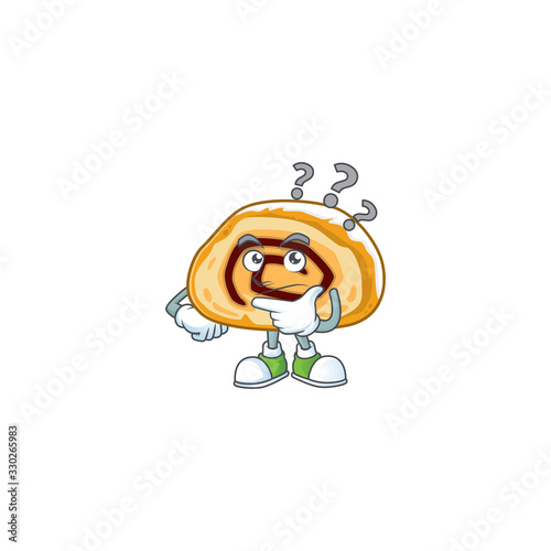 Cute swiss roll cartoon character using a microphone