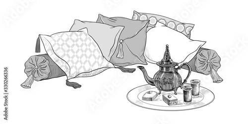 Group of different pillows with tassels and a dish with an oriental teapot, glasses of tea and baklava. .Vector illustration in vintage style . Hand drawn isolated object on white background.  Sketch.