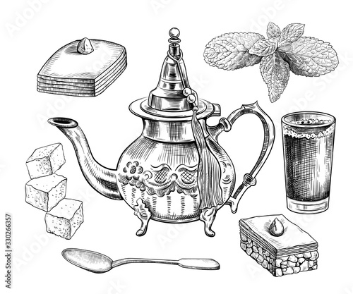 .Traditional Oriental teapot with a tassel , a glass of tea, baklava, a teaspoon, mint leaves and lump sugar. Set of isolated objects of oriental tea drinking in sketch style.  Clipart.