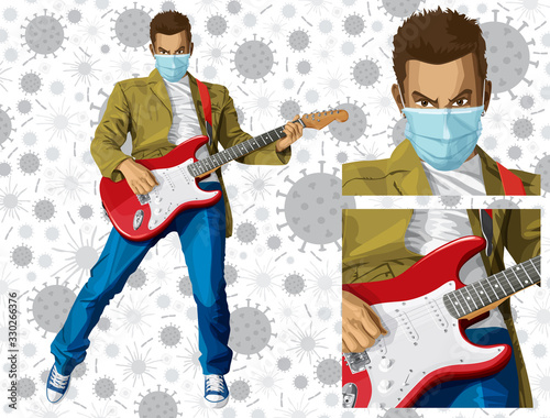 Man with the guitar and mask on his face