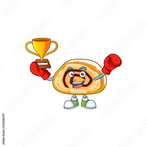 Happy face of boxing winner swiss roll in mascot design style