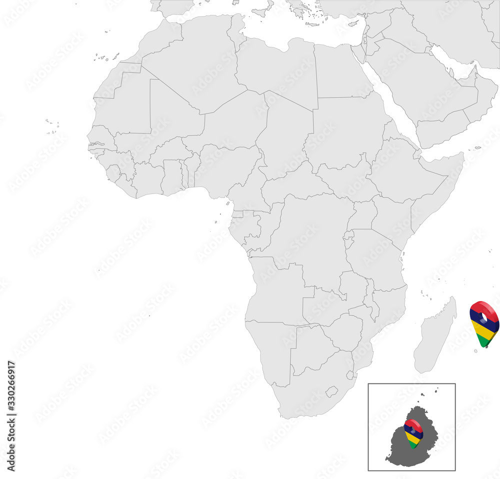Location of Mauritius on map Africa. 3d  Republic of Mauritius  flag map marker location pin. High quality map of  Mauritius.  Africa.  EPS10.
