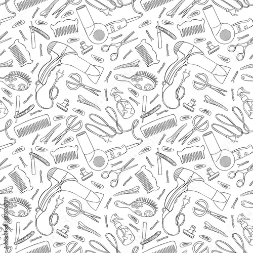 Hairdressing set: hair dryer, comb, straight razor, scissors, hair clips. Seamless vector pattern (background).