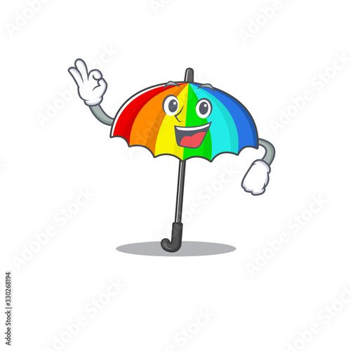 Rainbow umbrella cartoon character design style making an Okay gesture