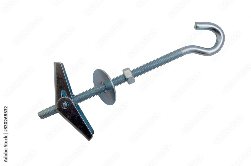 Folding spring anchor dowel made of galvanized steel with a tip in the form of a half-ring for screwing in materials with empty space, lying on a white background, isolated without shadows Folding spring anchor dowel made of galvanized steel with a tip in the form of a half-ring for screwing in materials with empty space, lying on a white background, isolated without shadows