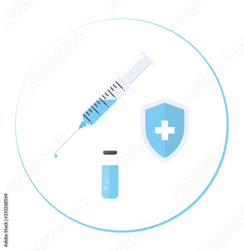 Vaccination concept. Flat vector medical illustration with the syringe, vaccine bottle, and shield.