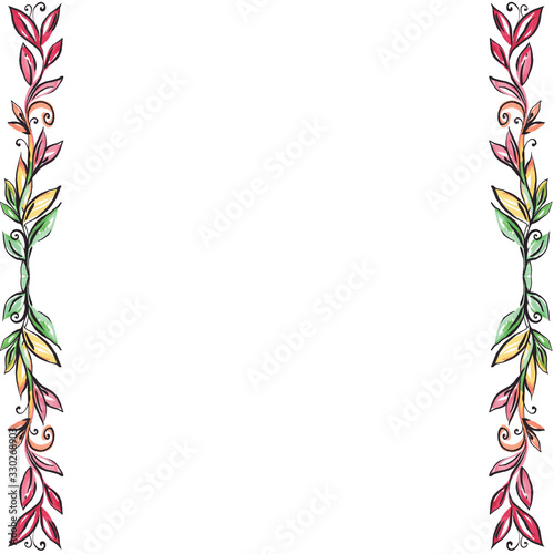 illustration or border with a branch of leaves, colored leaves