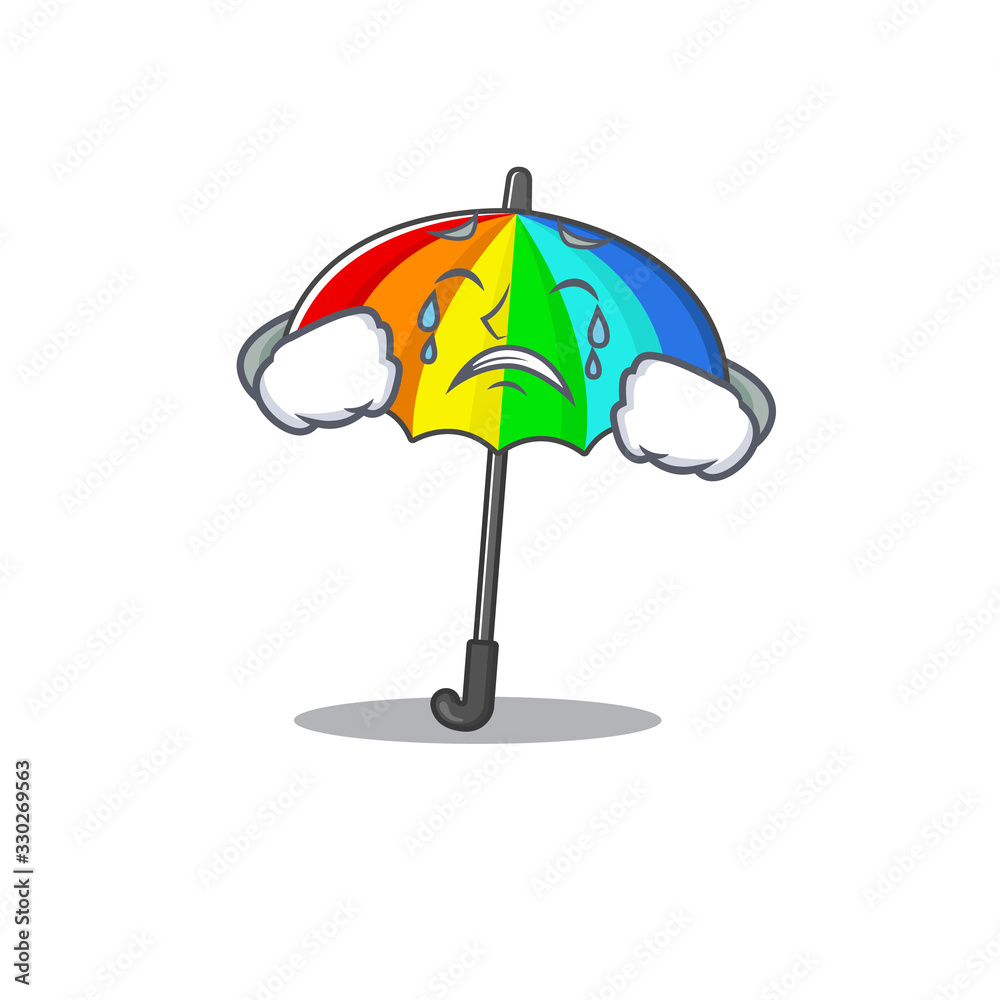 A Crying rainbow umbrella cartoon mascot design style