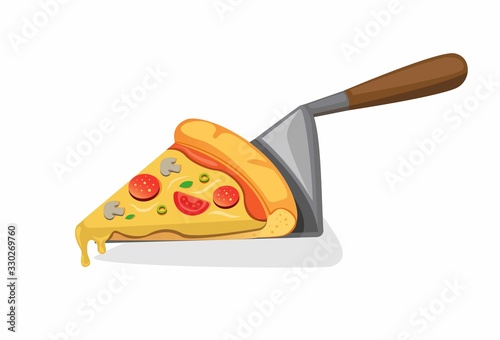 slice pizza on spatula in cartoon flat illustration vector isolated in white background