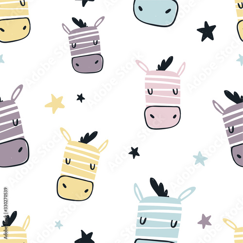 Vector color hand-drawn seamless repeating childish pattern with cute zebras and stars in Scandinavian style on a white background. Seamless kids scandy pattern. Cute animals. Zebras pattern photo