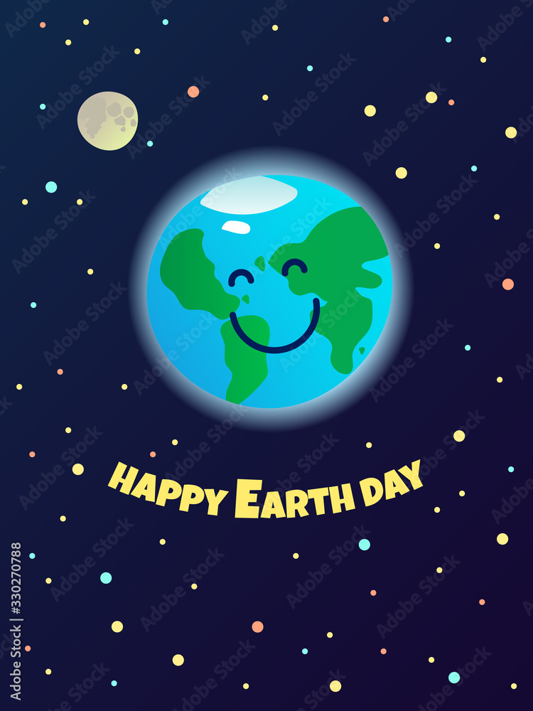 Happy Earth Day, planet mascot in the space - healthy and clean smiling world, ecological greeting card template, poster, banner, ad, vector Happy Earth Day, planet mascot in the space - healthy and clean smiling world, ecological greeting card template, poster, banner, ad, vector