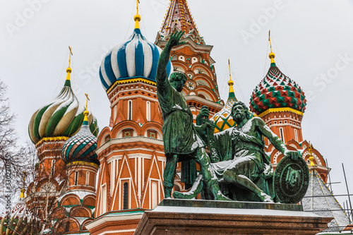 The Minin-Pozharsky monument and the famous Cathedral of Vasily the Blessed, located in Red Square, Moscow, Russia