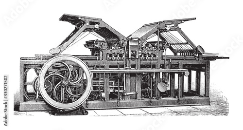 Old automatic cylinder printing press / vintage illustration from Brockhaus Konversations-Lexikon 1908