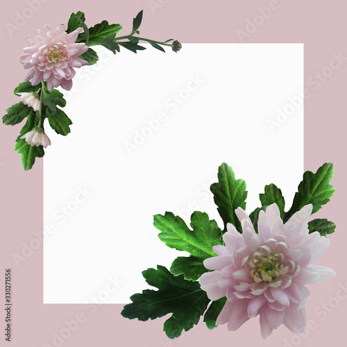 Frame with pink flowers with space for text. photo