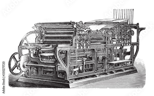 Old automatic cylinder printing press / vintage illustration from Brockhaus Konversations-Lexikon 1908