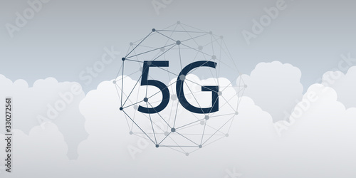 5G Network Label with Wireframe Globe - High Speed, Broadband Mobile Telecommunication and Wireless Systems Design Concept