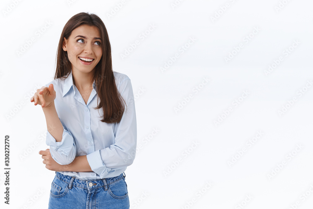 Oh stop it you, no big deal. Modest and silly feminine young woman look sideways blushing from compliment and wave palm as being praised and thanking, standing white background Oh stop it you, no big deal. Modest and silly feminine young woman look sideways blushing from compliment and wave palm as being praised and thanking, standing white background